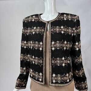 Vintage Niteline Silk Embellished Beaded Jacket M Black Gold Floral Design Open